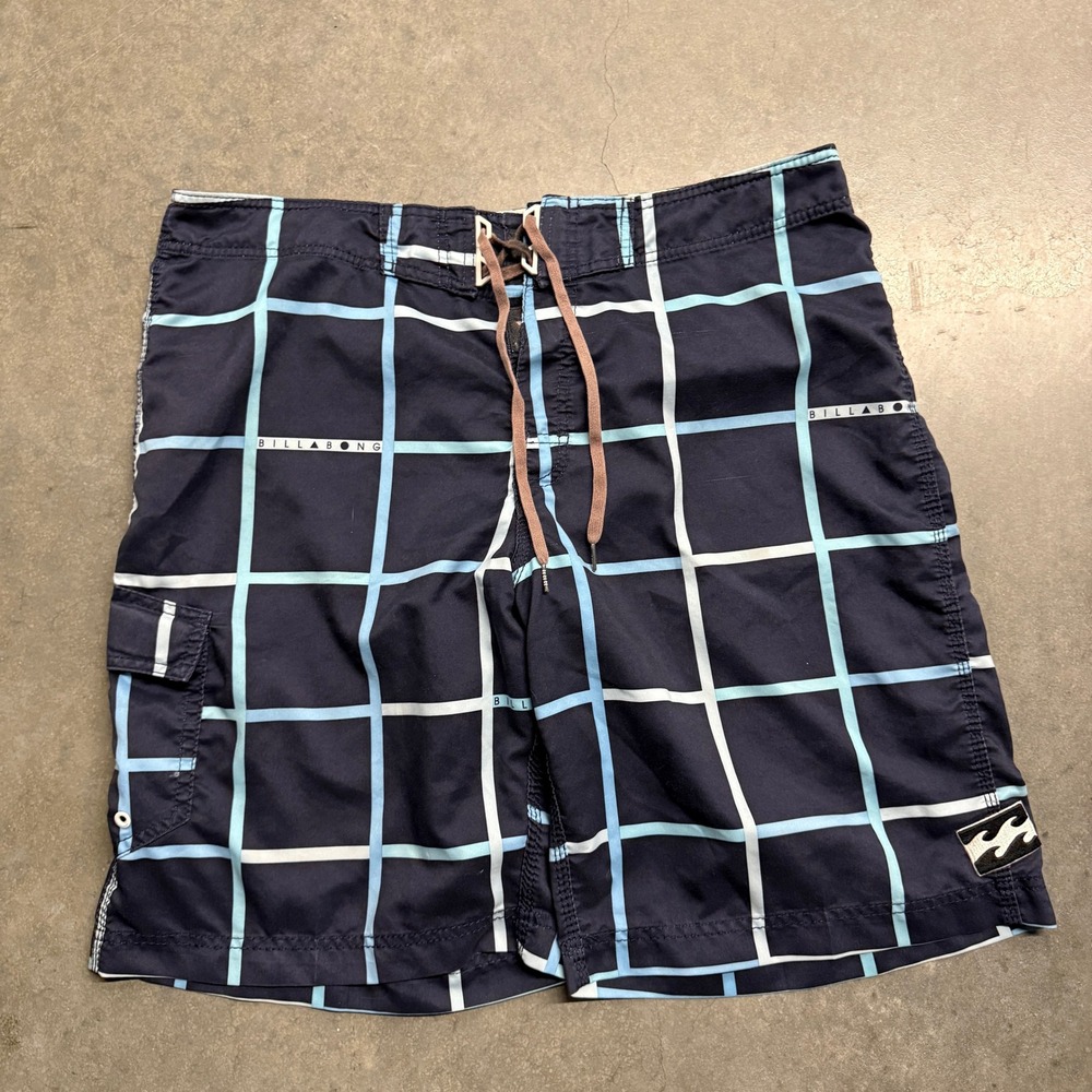 Billabong Mens Navy Blue Plaid Grid Board Shorts Swim Trunks Size 34